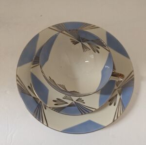 Tea Cup Saucer Dessert Plate Set Bareuther Waldsassen Bavaria Blue Gold White